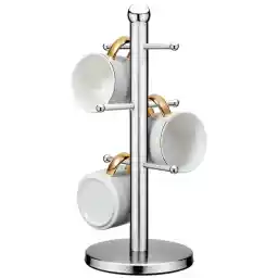 LENND Stainless Steel Mug Rack with 6 Hooks, Tree Shaped Tea Cup Storage Holder Stand Home Kitchen Mug Hanging Display Drinkware Shelf - Silver