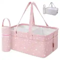 Baby Diaper Caddy Organizer - Baby Shower Basket | Large Nursery Storage Bin for Changing Table | Car Travel Tote Bag | Newborn Registry Must Have | Bonus Bottle Cooler | Pink