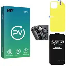محافظ صفحه نمایش شیشه ای اچ وی تی مدل PV Super-D مناسب برای گوشی موبایل اپل Phone 14 promax به همراه محافظ پشت گوشی و لنز دوربین