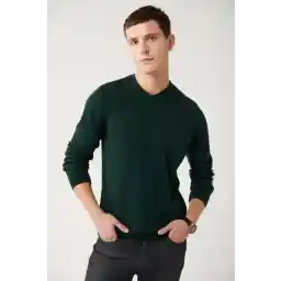 Avva Erkek Yeşil V Yaka Tüylenme Yapmayan Triko Kazak E005003