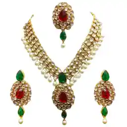 Shining Diva Gold Plated Kundan Pearl Party Wear Traditional Necklace Jewellery Set with Maang Tikka and Earring for Women(Multicolor)