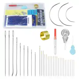 FIVEIZERO Heavy Duty Hand Sewing Needles Set - Large Eye Leather Sewing Needles for Hand Stitching,Upholstery, Carpet,and Canvas Repair, Including Curved Sewing Needles and Needle Threaders