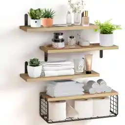 LENND 4+1 Tier Floating Shelves, Rustic Wood Wall Shelf, Bathroom Shelves Over Toilet with Wire Storage Basket, Farmhouse Wall Decor for Bedroom, Kitchen, Living Room and Plants (Rustic Brown), MJ987
