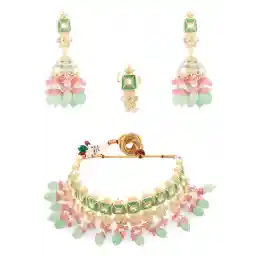 Zaveri Pearls Pink & Green Meenakari Cluster Beads Kundan Choker Necklace Earring & Ring Set For Women-ZPFK13538