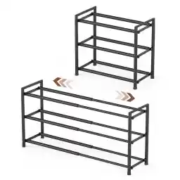LENND 3-Tier Expandable Shoe Rack,Adjustable Shoe Shelf Storage Organizer Heavy Duty Metal Free Standing Shoe Rack for Entryway Closet Doorway (Black), XJ333