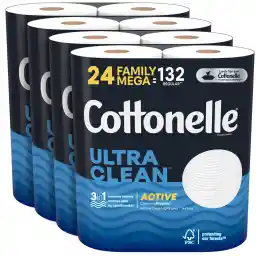 Cottonelle Ultra Clean Toilet Paper with Active CleaningRipples, 1- Ply, 6 Count (Pack of 4), (24 Family Mega Rolls= 132 Regular Rolls), 388 Sheets per Roll, Packaging May Vary