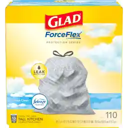 Glad ForceFlex Tall Kitchen Drawstring Trash Bags, 13 Gal, Fresh Clean, 110 Ct, Pack May Vary