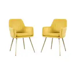 Mahmayi Velvet Modern Bedroom Upholstered Chair with Gold Metal Legs, Suitable for Kitchen, Dining Room, Living Room, Guest Lounge, Yellow, Pack of 2