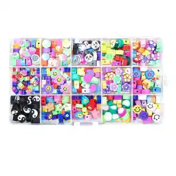 Sulfar DIY Beads Set for Jewelry Making Kids, Necomi 300 Pcs Smile Face Beads 10mm 15 Styles Clay Spacer Beads Cartoon Fruit Flower Theme with 2 Roll Elastic Strings & Scissors