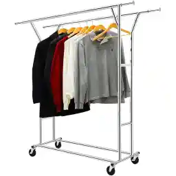 LENND Heavy Duty Double Rail Clothing Garment Rack, Load Capacity Commercial Grade Clothing Garment Racks Heavy Duty Double Rails Adjustable Collapsible Rolling Clothes Rack on Wheels