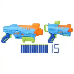 Nerf Elite Junior Ultieme Startset met 2 Blasters en 15 Darts, Actie Speelgoed voor 6 jaar en Ouder, Buitenspeelgoed, Samen of Tegen Elkaar Spelen, Leuk Cadeau voor Jongens en Meisjes, Meerkleurig