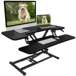 FLEXISPOT Motorized Standing Desk Converter 88cm Wide Electric Stand up Desk Riser for Monitor and Laptop,Black Height Adjustable Desk for Home Office