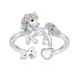 Unicorn Initial Rings for Teen Girls, Rose Gold/White Gold Plated Heart Initial Rings for Girls Adjustable Stackable Rings for Women Diny Heart Ring for Teen Girls Gifts Unicorns Gifts for Girls