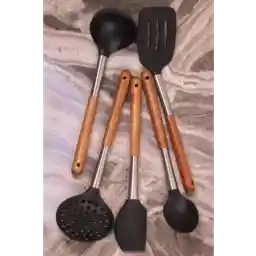 ست آشپزخانه بامبو 5 عددی دسته بامبو آبکش سیلیکونی-کاردک-کاردک-کاغذی-کاغذی-قاشقی-سرویس آشپزخانه