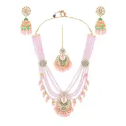 Zaveri Pearls Pink & Green Multistrand Beaded Bridal Enamel Long Necklace Earring & Maangtikka Set For Women-ZPFK14839