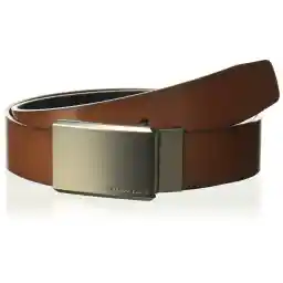 Perry Ellis Men's Portfolio Leather Reversible Belt with Matte Gunmetal Plaque Buckle (Sizes 30-44 Inches), Brown
