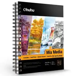 Ohuhu Sketchbook Mix Media Pad: 120 LB/200 GSM Heavyweight Papers 62 Sheets/124 Pages Spiral Bound Sketch Book for Acrylic, Marker Pens, Painting, Colored Pencil, Pastel