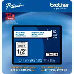 Brother Genuine P-touch, TZe-233CS, 0.47” x 26.2’, Blue on White Laminated Label Tape
