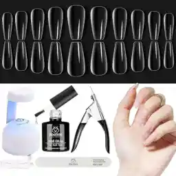 Beetles Soft Gel Nail Kit Medium Coffin Easy Nail Extension Set 5 In 1 Nail Glue Base Coat with Pre shaped Nail Tips and Led Nail Lamp Acrylic Nail Clipper Gifts for Women