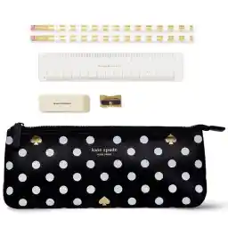 Kate Spade New York Pencil Case Including 2 Pencils, Sharpener, Eraser, and Ruler School Supplies, Polka Dots (Black/White)