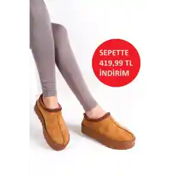 چکمه‌های جیر خزدار زنانه/دخترانه مینی قهوه‌ای مارسلین و زیره ضخیم دمپایی خانگی