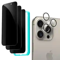 ESR for iPhone 15 Pro Max Privacy Screen Protector Set, 3-Pack with 1 Set of Individual Camera Lens Protectors, Anti-spy Tempered-Glass, Micro-curved Edges, Case Friendly