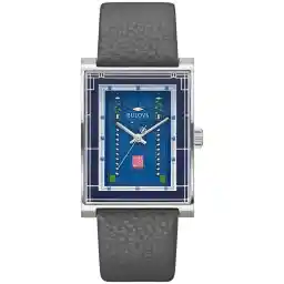 Bulova Frank Lloyd Wright Robie House Stainless Steel 3-Hand Quartz Watch, Gray Leather Strap Style: 96A287, Silver-Tone and Blue