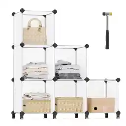 SONGMICS 6 Cube Storage Organizer, DIY Closet Shelf, Plastic Clothes Organizer, Modular Bookcase, High Load Capacity, with Rubber Mallet, White ULPC06W
