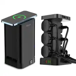 PEGANT 3-in-1 USB-C Tower Power Extension Lead With 15W Wireless Charger, 4 USB Ports, Elegant Cord Organizer Box, 6 UK Outlet Strip, 30W PD3.0, 18W QC3.0, 2M Cable