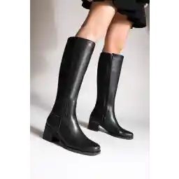 Marjin Kadın Topuklu Çizme Dizaltı Fermuarlı Günlük Klasik Çizme Yovar  Siyah