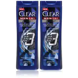 Clear Men Complete Care 3in1 Shampoo For Hair, Face & Body With Activated Charcoal for 100% dandruff free hair and moisturized skin, 400ml Pack of 2, white