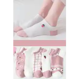 BGK 5 Çift Pembe Çilek Desenli Kısa Çorap