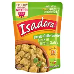 Isadora Fully Cooked Pork Chile Verde 15 oz Pouch, Ready-to-Eat Authentic Mexican Meal, Pork in Green Salsa, Medium Heat, Shelf Stable Meat, No Refrigeration Needed, Heat and Serve Instant Meal