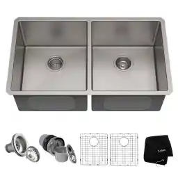 KRAUS Standart Pro 33 -inch Undermount 50/50 Double Bowl 16 Gauge Stainless Steel Kitchen Sink, KHU102-33