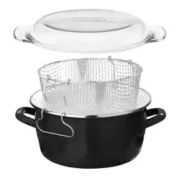 Premier Housewares Friteuse 5L Emaille Chip Pan Fryer Friteuse met glazen deksel Friteuse Friturpan Zwarte Friteuse Mand Kleine Fryer 16x33x27