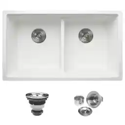 Enbol 31 Inch White Quartz Granite Composite Kitchen Sink - Durable Undermount Double Bowl, Scratch & Stain Resistant, Easy to Clean, Model 3118-W