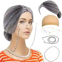Feacole Old Lady Costume Set-Grandmother Wig,Wig Caps, Madea Granny Glasses, Eyeglass Retainer Chain,Pearl Necklace(5 Pieces)