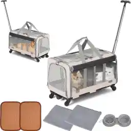 Rolling Cat Carrier for 2 Cats, Double Compartment Pet Carrier with Wheels with Felt Mats Dog Cooling Mat and Feeding Bowl for Cats and Medium Dogs Traveling Hiking Outdoor Camping (Khaki)