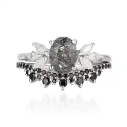 Black Rutilated Quartz Wedding Ring Set for Women 925 Sterling Silver Plated Platinum Art Deco Goth 1.09 CT Natural Gemstone Bridal Engagement Promise Rings for Her Size 4-9