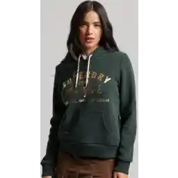 Superdry Luxe Metallic Logo Hoodie Dames Trui - Academy Dark Green - Maat Xs