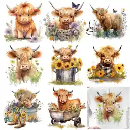 8 Sheets Highland Cow Iron On Transfer Patches Watercolor Heat Transfer Iron Patches Floral Decorative Heat Transfer Stickers for DIY Crafts Clothing Fabric Decor