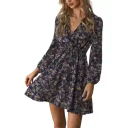 CUPSHE Women Floral Ruffle Summer Dress Surplice V Neck Long Peasant Sleeve Elastic Waist Flowy Casual Holiday Mini Dress