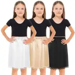 Mepase 3 Pcs Half Slip for Girl Satin Half Slip for Under Dresses Anti Static Extender Lace Long Knee Petticoat Skirt