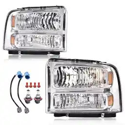 GRAND ORANGE Headlights Assembly Compatible with Ford F250 F350 F450 F550 Super Duty 1999-2004 / Fit Ford Excursion 2000-2004 Headlamp Clear lens Amber Reflector 1C3Z13008BA