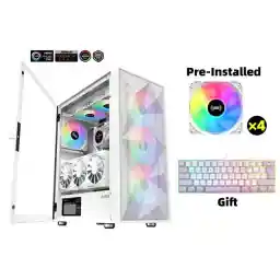 SAMA 3509 White Tempered Glass Open Door Gaming ATX Computer PC Case Mid Tower Black with 4 Addressable RGB Fans Pre-installed