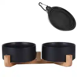 Petygooing Ceramic Dog Cat Bowls Set with Stand,Black Pet Food and Water Bowl,Small Dog Bowls Cute Modern Anti Slip Set of 2 Pet Feeder Small Size Pet Dish(13.5OZ/5.1 in)
