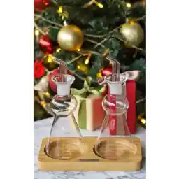 Bambum Borosilikat Cam Yağdanlık Bambu Standlı Yağlık - Sirkelik Seti 240 ml