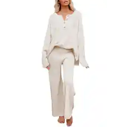 Pink Queen Women's 2 Piece Fall Outfit Lounge Set Long Sleeve Button Pullover Sweater Matching Wide Leg Pants Knit Sweatsuit