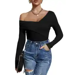 Women's Sexy Off The Shoulder Tops Long Sleeve Cross Wrap Ribbed Knit Tee Shirt Blouse