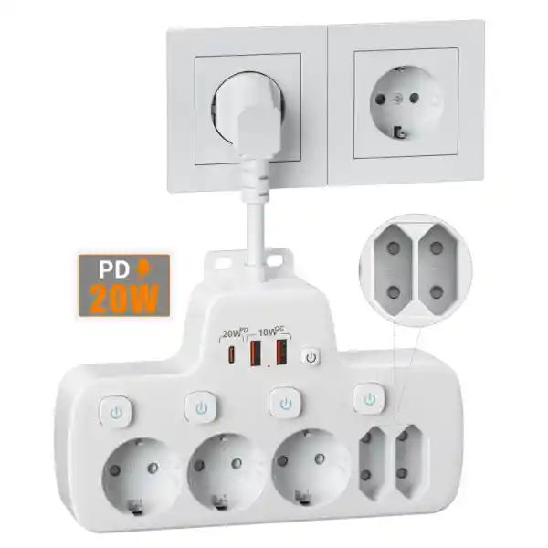 oorkyzz PD20W Akım Korumalı Çoklu Priz USB,Şalterli Güç şeridi Bağımsız 5lü Priz Çoklayıcı PD20W ve QC18W Hızlı şarj ile,Anahtarlı Topraklı Duvar Priz Uzatmalı Priz Avrupa Topraklama Soketi Power strip,Beyaz
